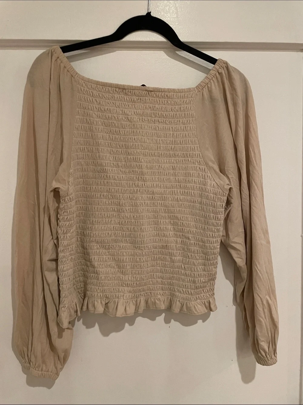 LOFT Neutral Beige Smocked Peasant Blouse